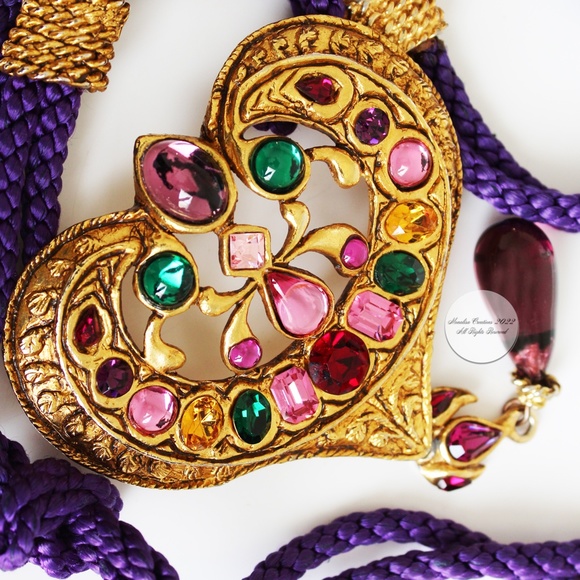 Christian Lacroix Statement Necklace Large Heart Pendant Glass Cabochons Vintage - Picture 2 of 12